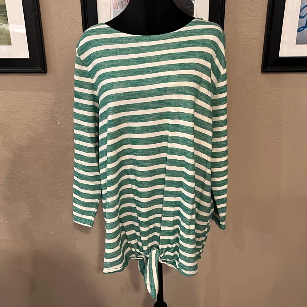 Old Navy Green/White Striped Tie-Front 3/4 Length Top
